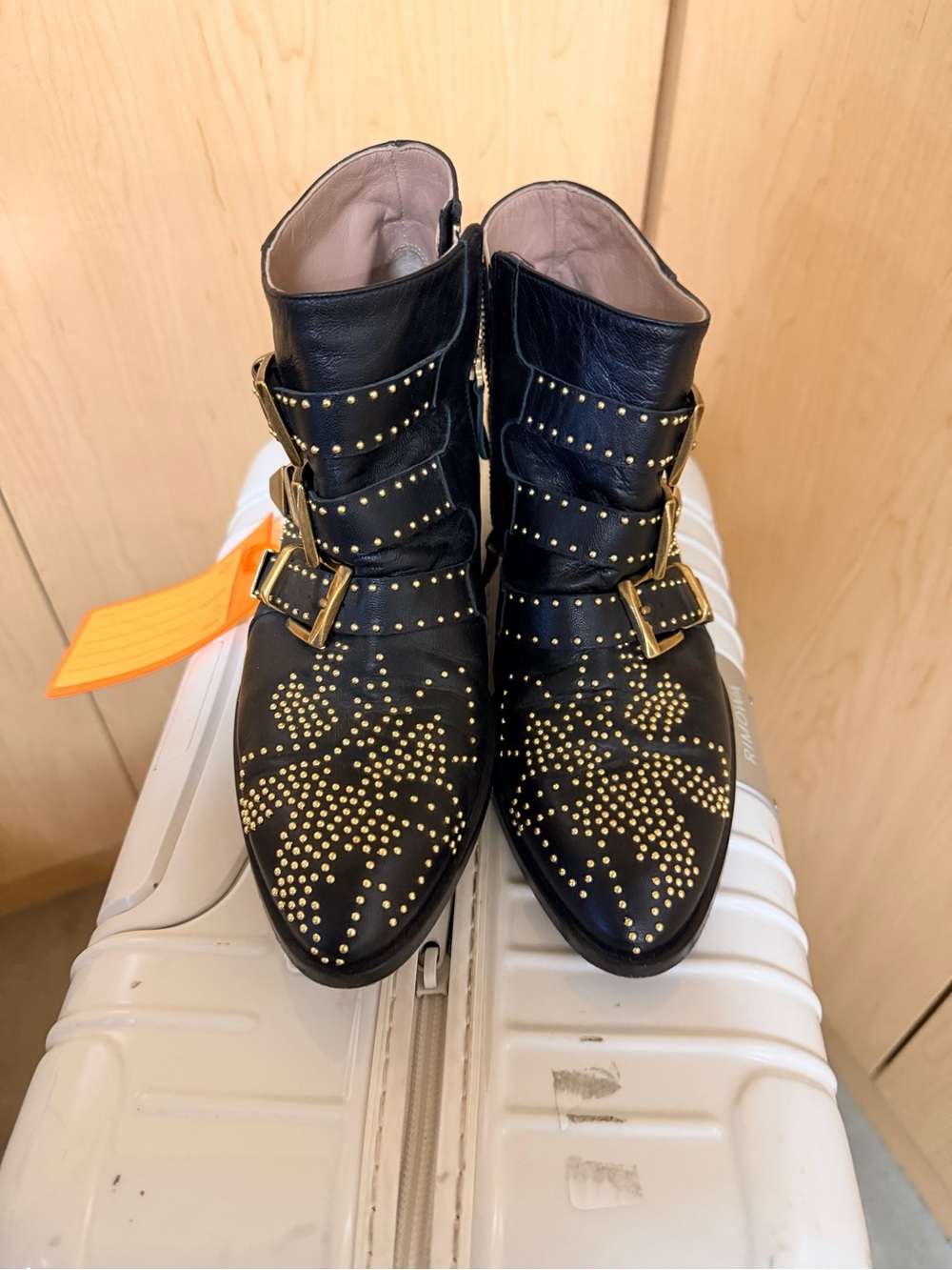 Chloe Susanna studded ankle boots in black and gold leather with trio straps